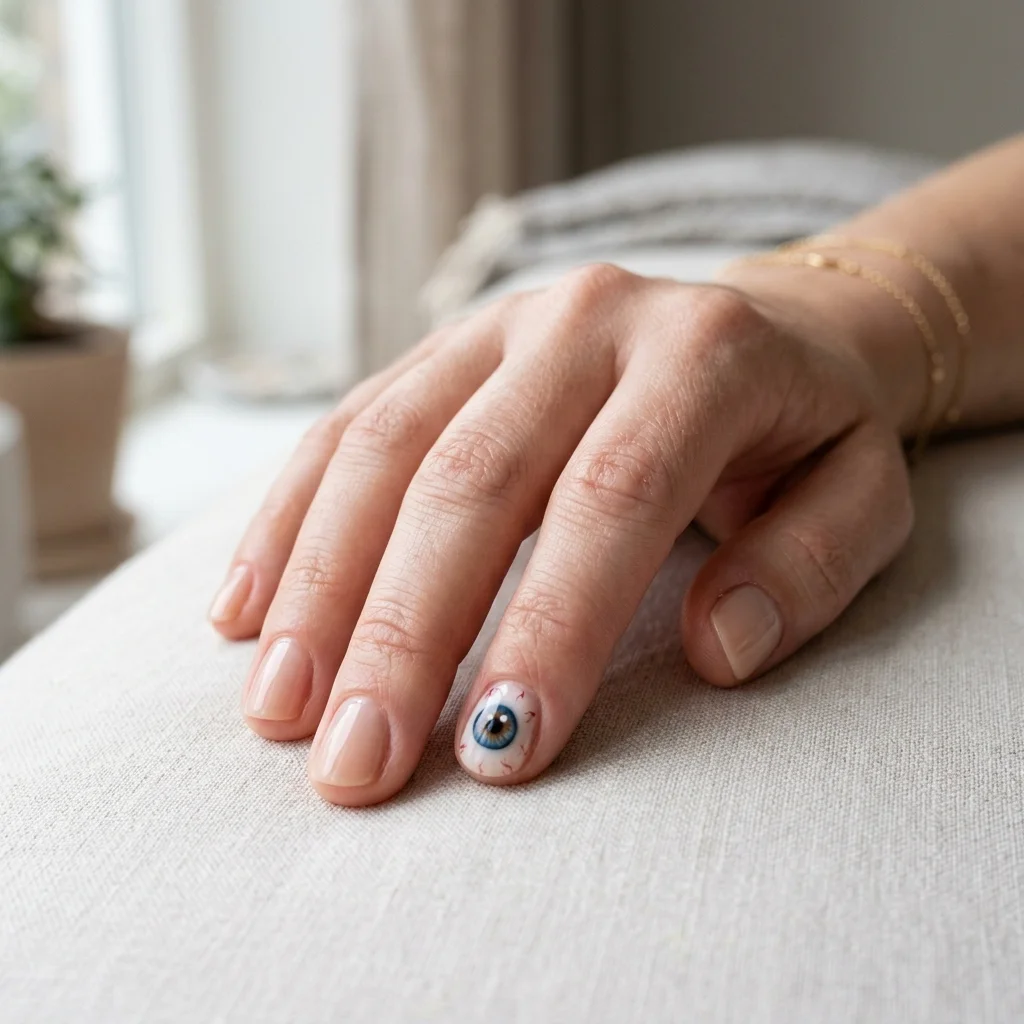 Short nude nails featuring a quirky realistic single eyeball accent design