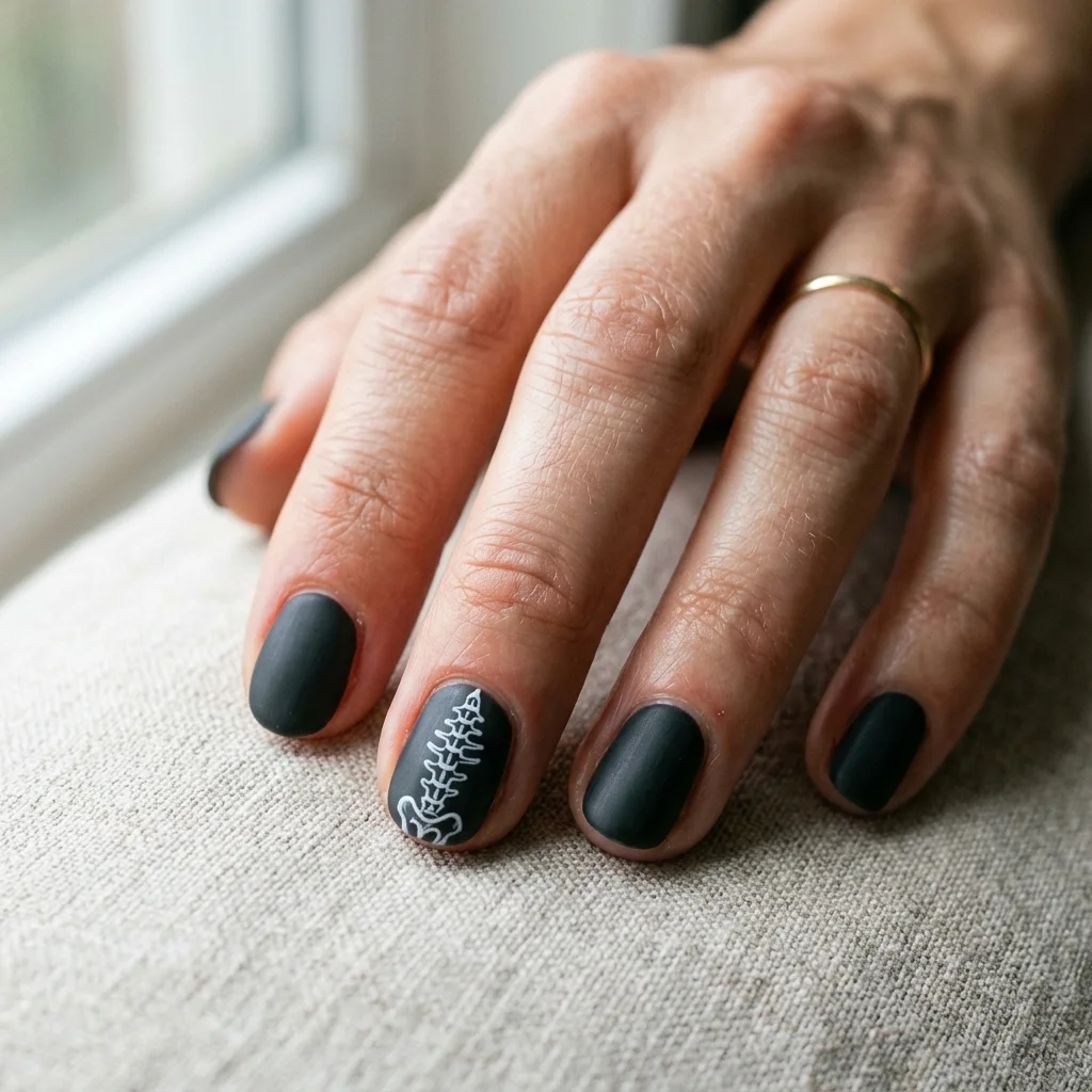 Short charcoal nails featuring delicate white skeleton hand accent art for Halloween