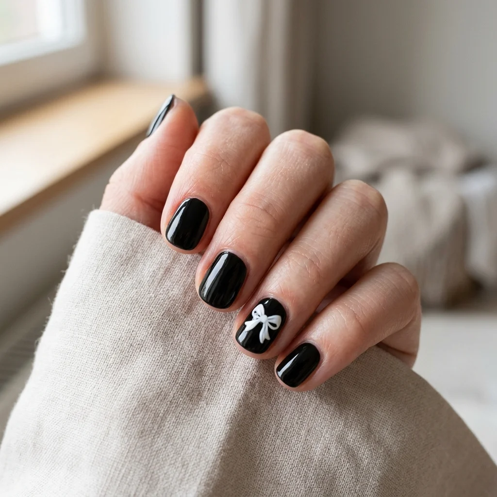 Short glossy black nails with a sweet coquette white bow accent for Halloween