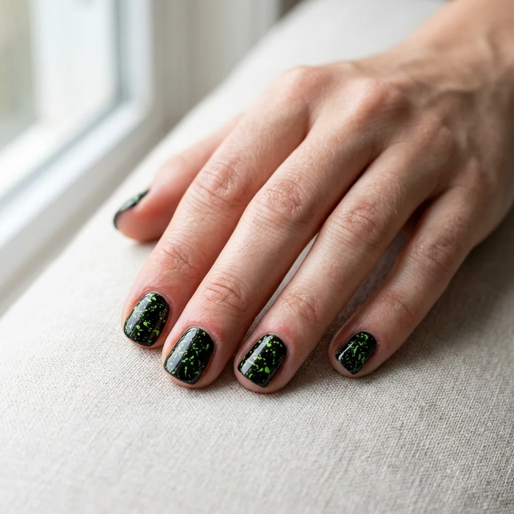 Short glossy black nails with vivid acid green splatter nail art for Halloween