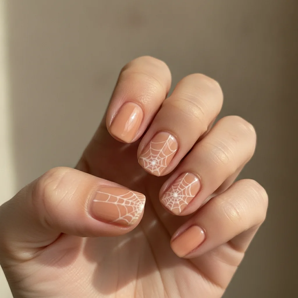 Soft White Web on Nude for short nails